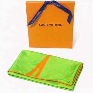 Louis Vuitton LV Neon Green & Orange Monogram Silk Scarf By Robert Wilson